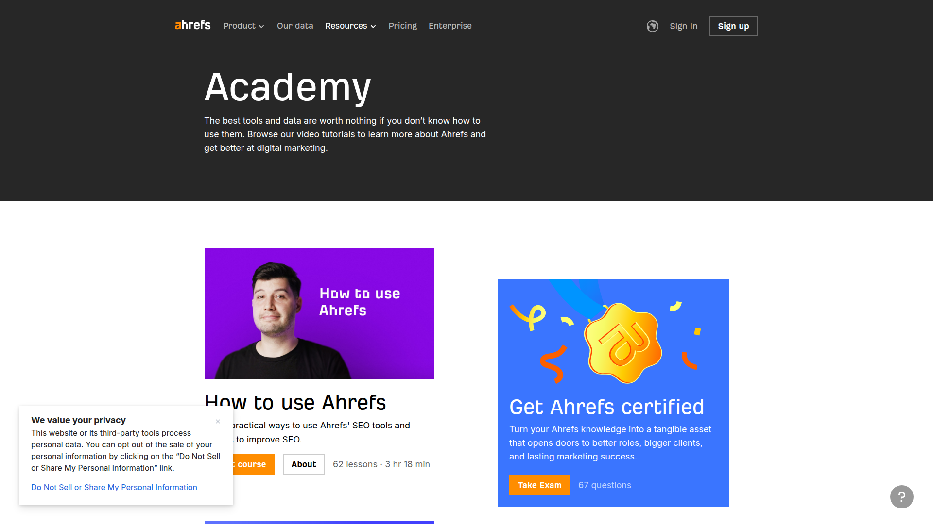 Ahrefs Academy with SEO courses and certifications