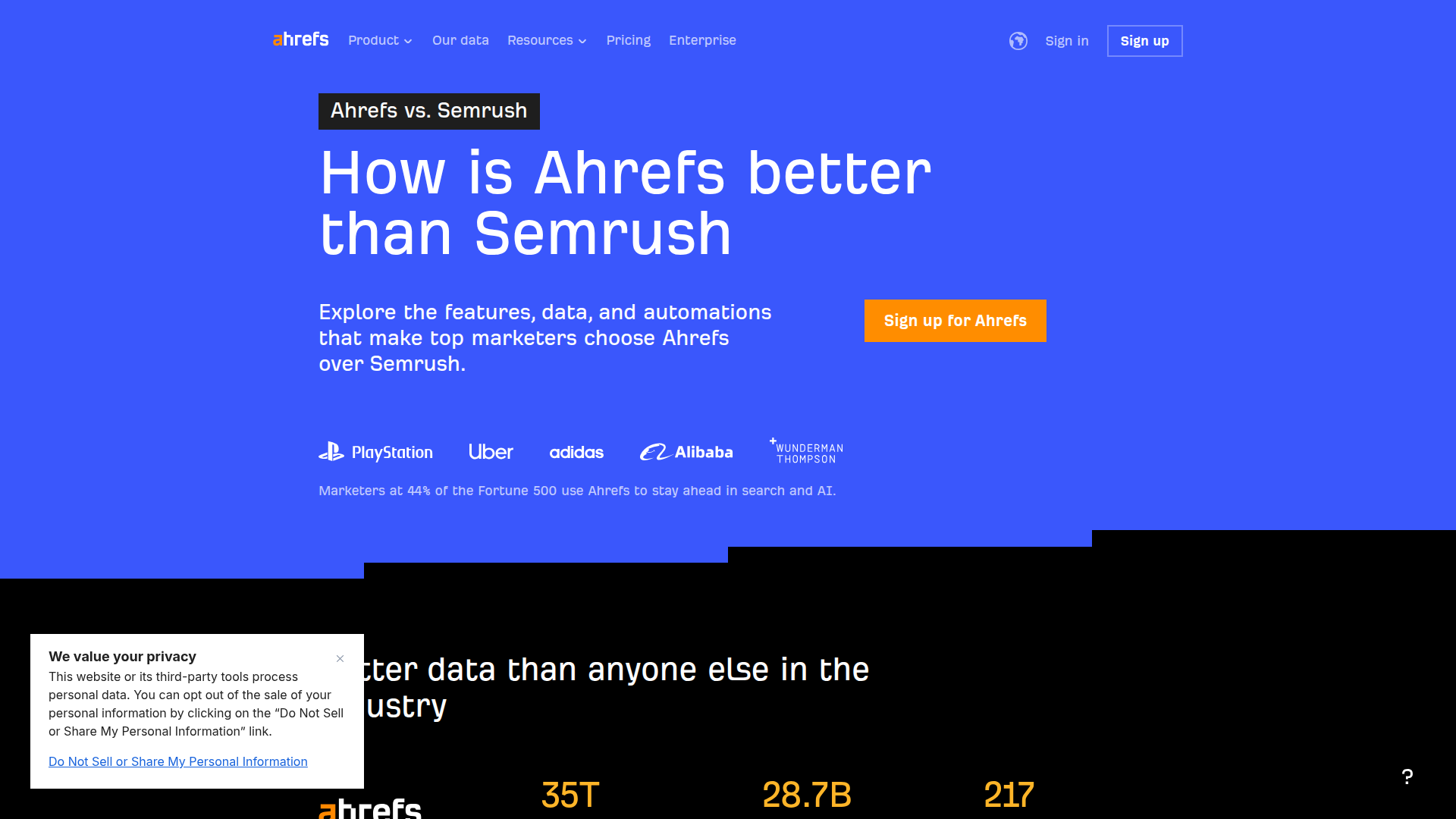Ahrefs vs Semrush comparison page