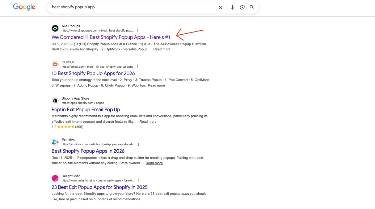 Alia Popups ranking #1 for best Shopify popup app