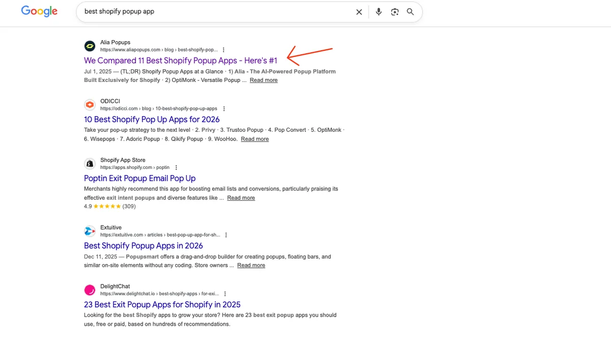 Alia Popups ranking #1 for best Shopify popup app