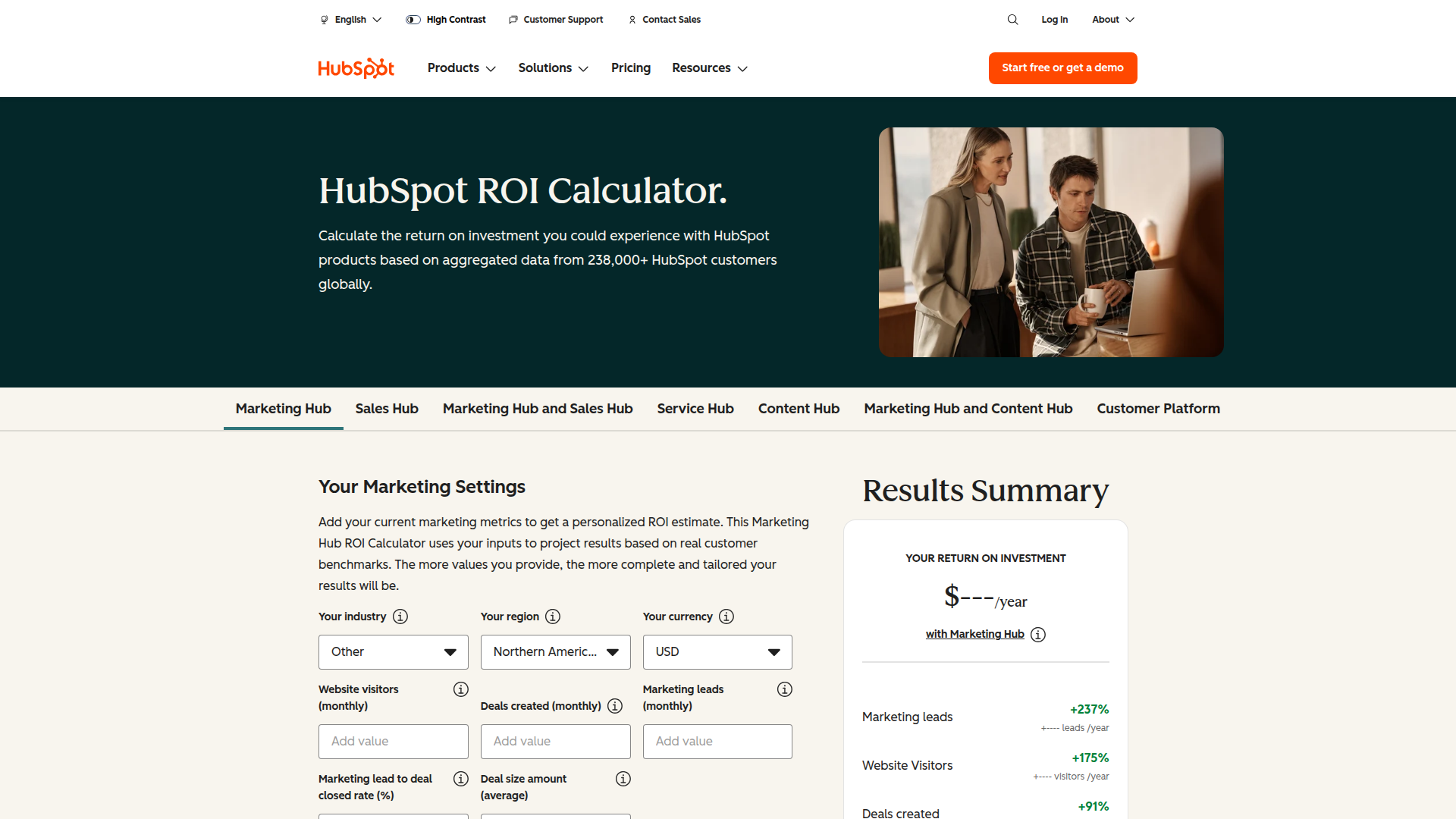 HubSpot ROI Calculator showing projected returns