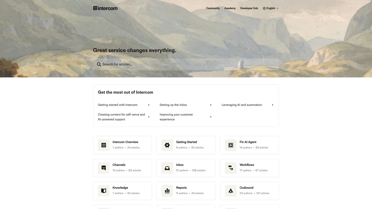 Intercom help center with search, categories, and AI-powered support