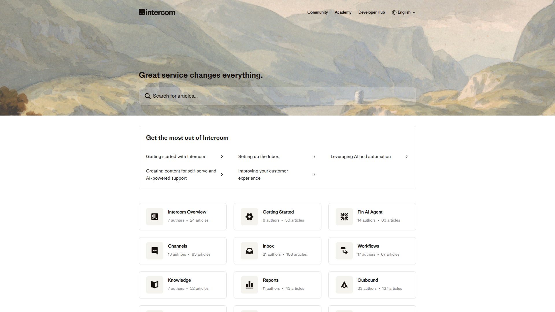 Intercom help center with search, categories, and AI-powered support