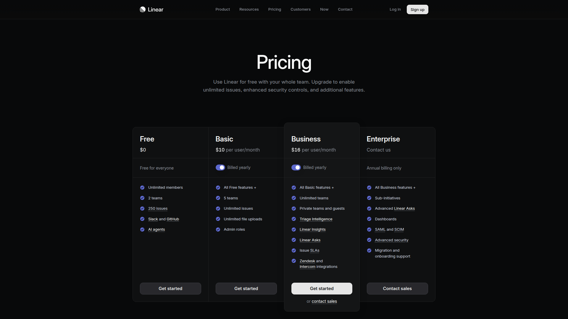 Linear pricing page with four tiers including Enterprise