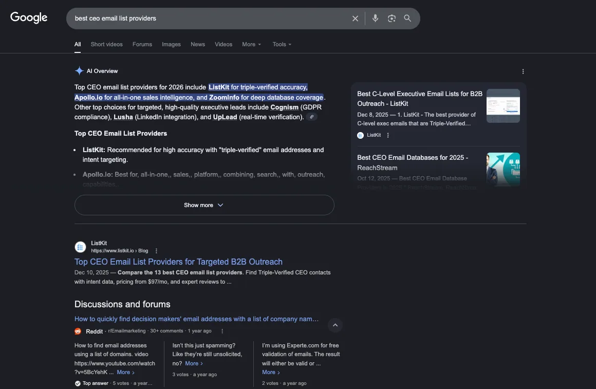 ListKit ranking #1 for best CEO email list providers