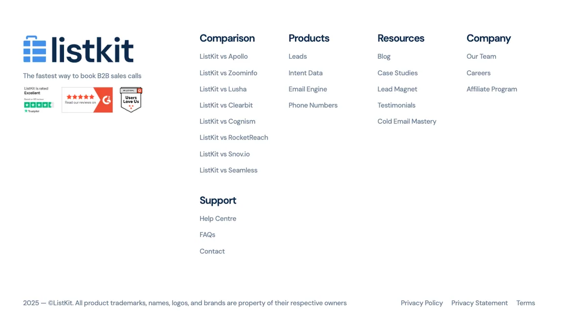 ListKit footer with comparison pages, resources, and trust badges