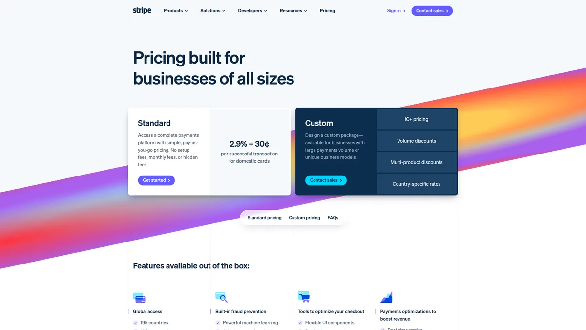 Stripe pricing page with transparent transaction fees