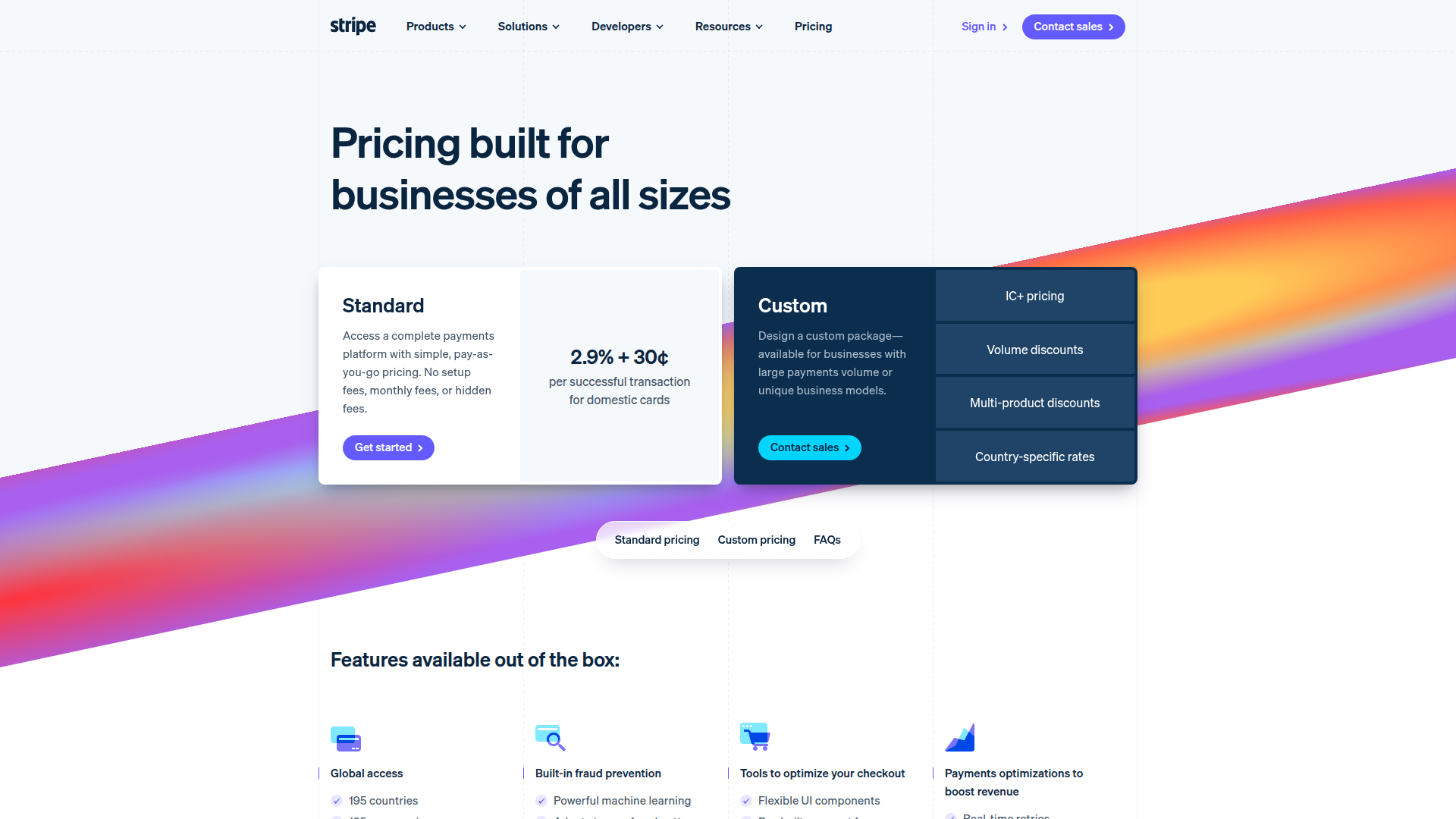 Stripe pricing page with transparent transaction fees