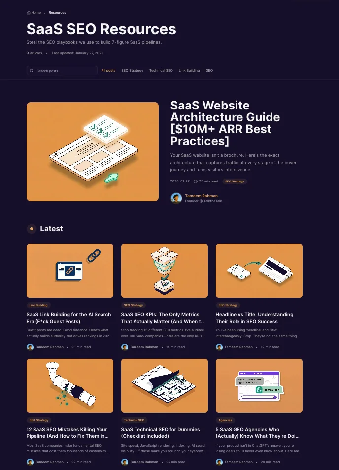 Kingmaker Search Partners SaaS SEO Resources blog with category navigation, featured post, and author profiles