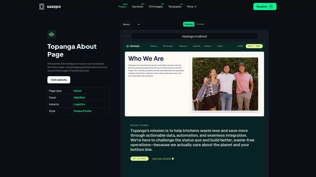 Topanga About page showing mission statement, values, team journey and customer testimonials