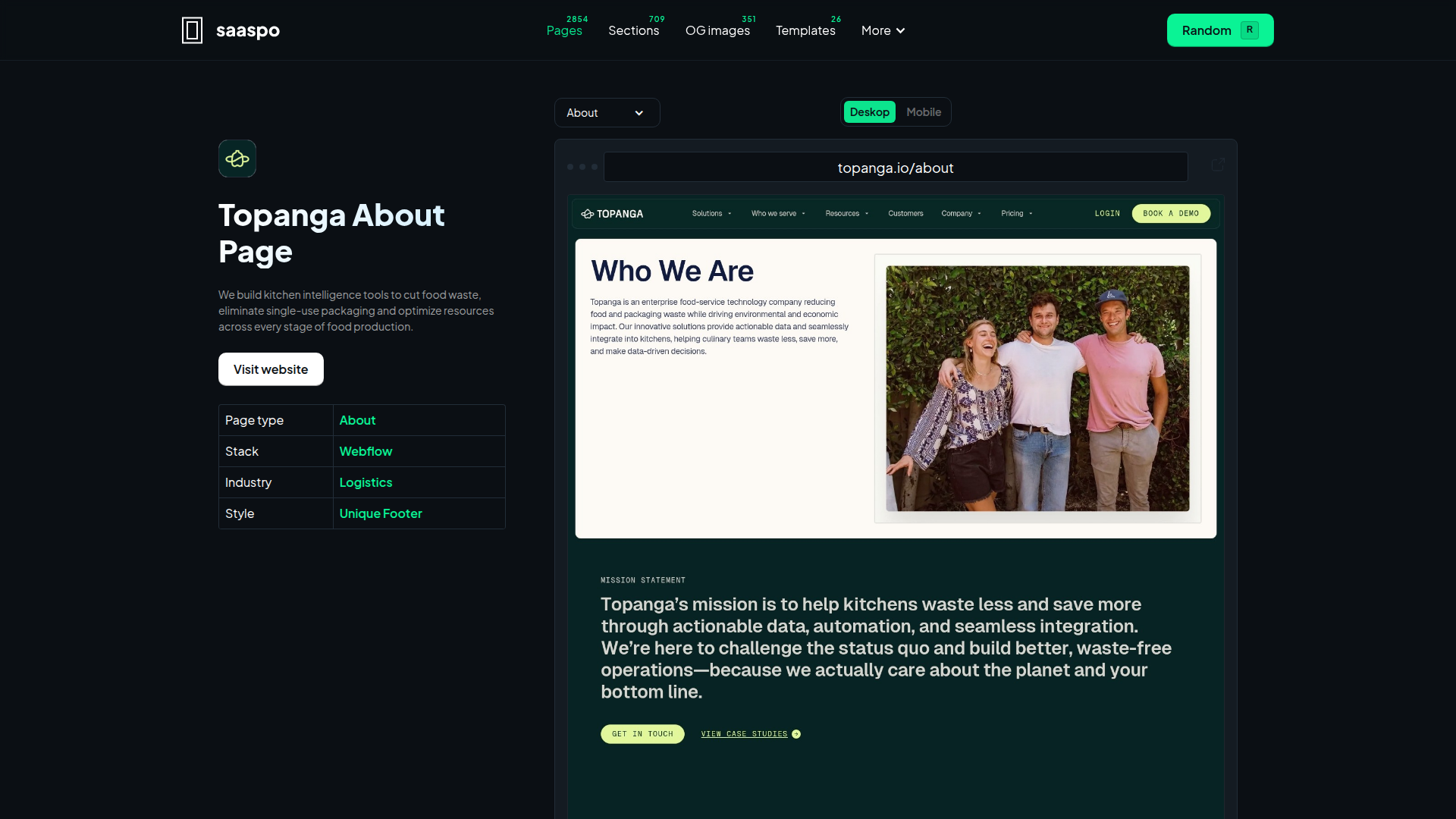 Topanga About page showing mission statement, values, team journey and customer testimonials