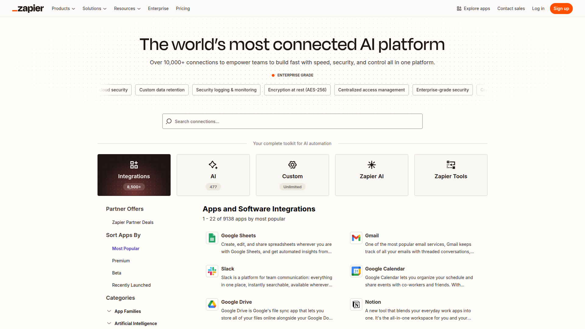 Zapier Integrations directory with 8,500+ apps