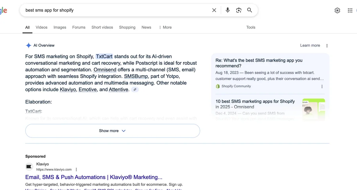"Best SMS app for Shopify" SERP