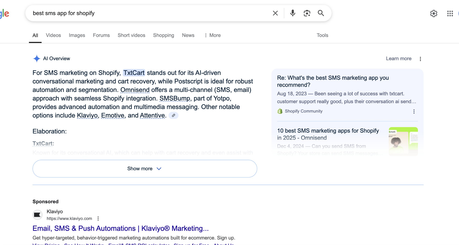 "Best SMS app for Shopify" SERP