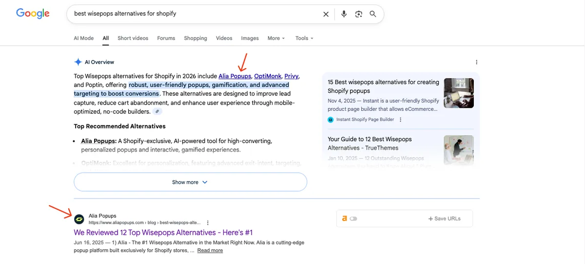 Alia Popups search result: AI picks Alia as a top Wisepops alternative