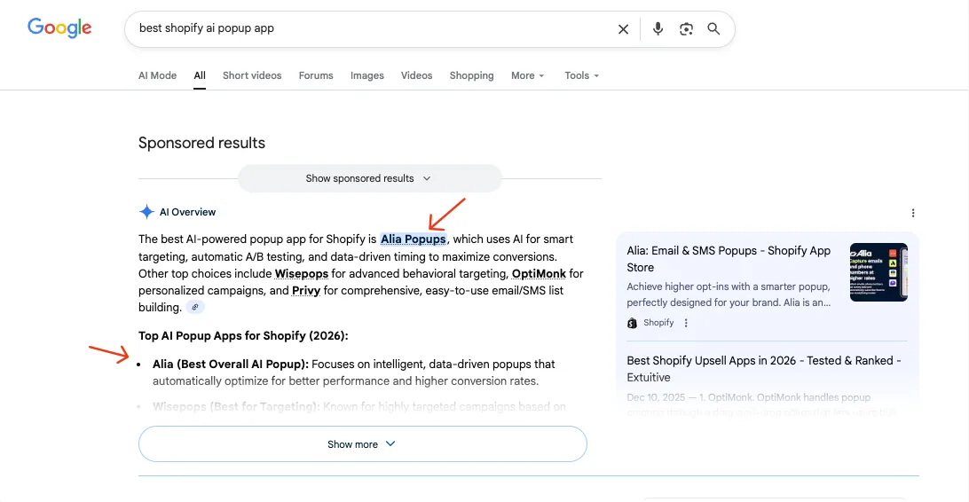 Alia Popups search result: AI names Alia the #1 popup app for Shopify