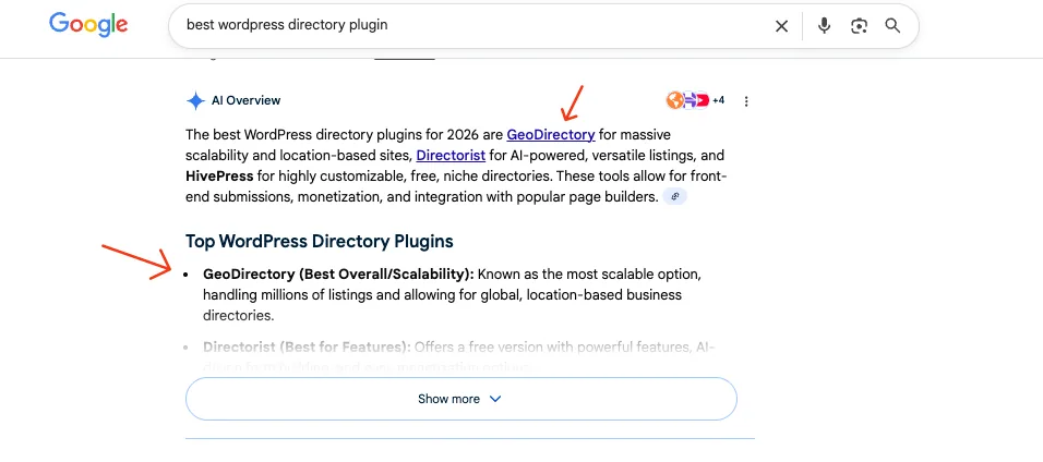 GeoDirectory search result: AI suggests GeoDirectory for WordPress directories