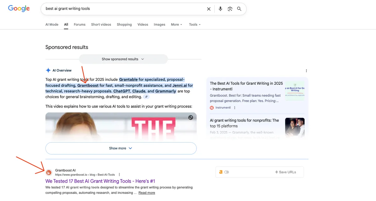 Grantboost search result: AI suggests Grantboost for grant writing