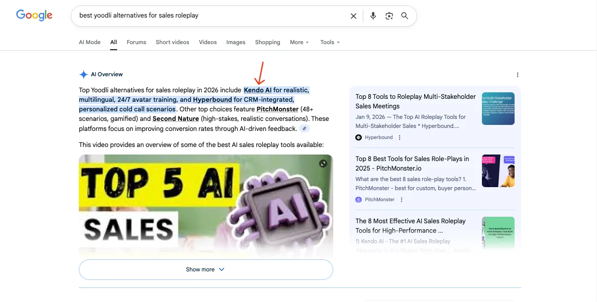 Kendo AI search result: AI picks Kendo as a top Yoodli alternative