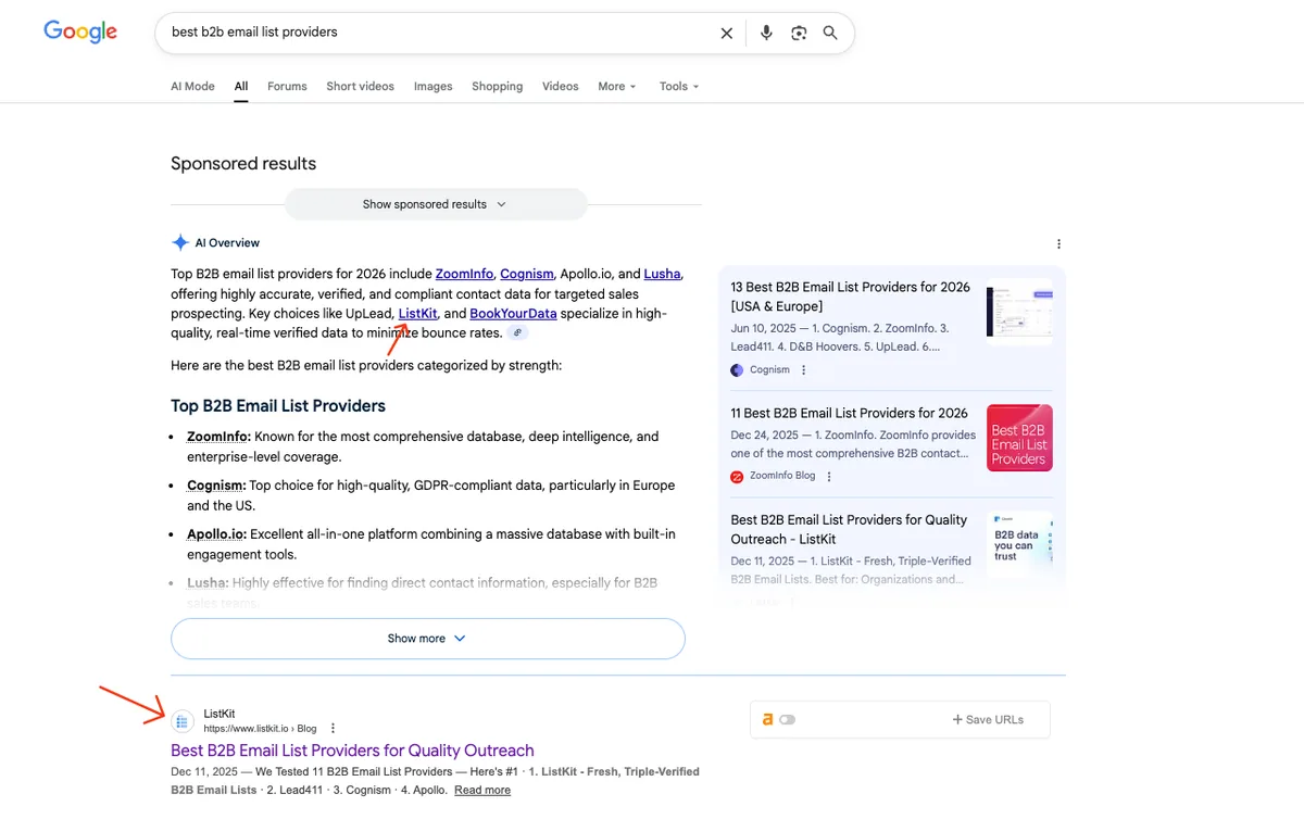 ListKit search result: AI suggests ListKit for B2B email lists