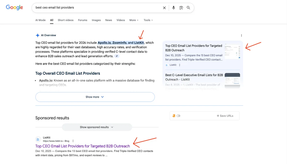 ListKit search result: AI recommends ListKit for CEO email lists