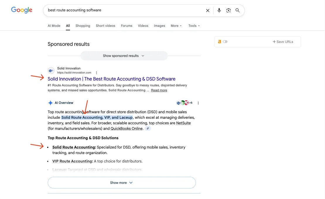 Solid Route Accounting search result: AI recommends Solid Route for route accounting