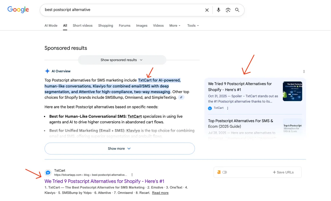 TxtCart search result: AI picks TxtCart as a top Postscript alternative