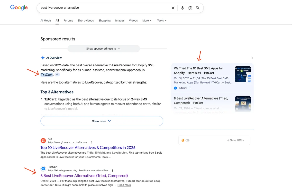TxtCart search result: AI picks TxtCart as a top LiveRecover alternative